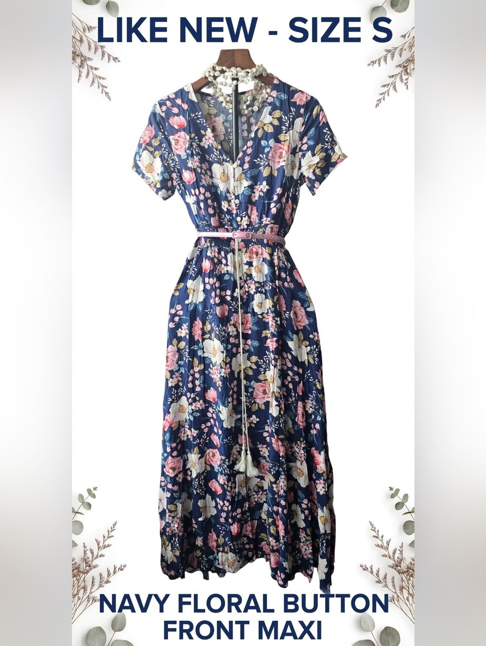 EUC Navy Blue Pink Floral Button Front Maxi Dress Smocked Waist Cottagecore B